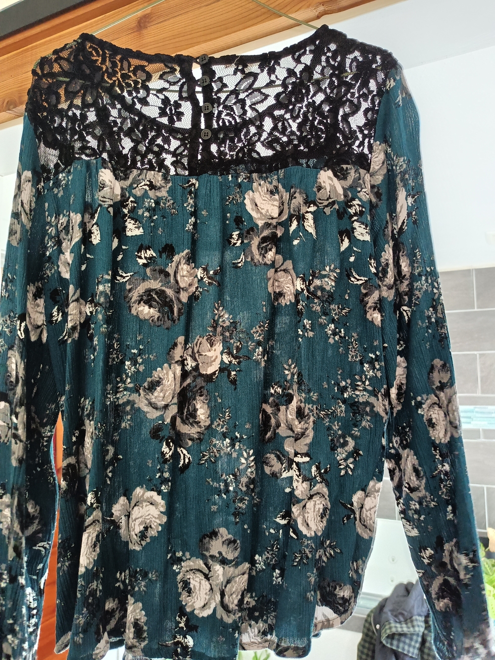 Maurices Teal Floral Long-Sleeve Top with Black Lace Yoke - Picture 3 of 3